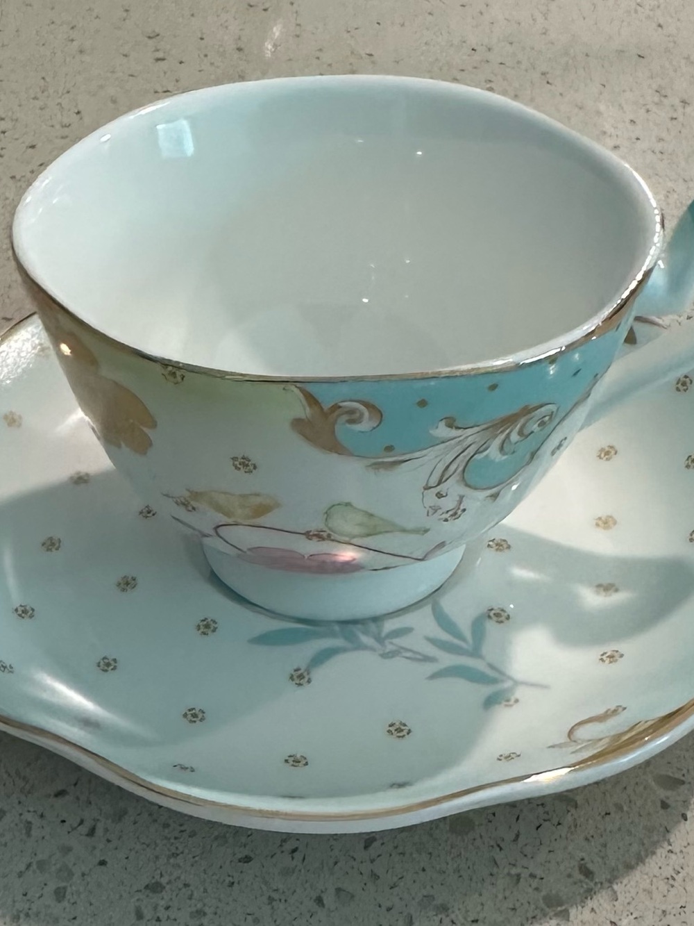 Light Blue Porcelain Teacup and Saucer - Elegant Floral Accent